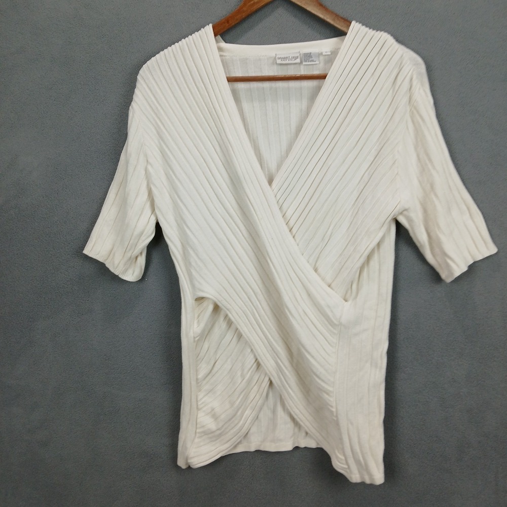 Newport News Sweater Women Large White Rayon Cable Knit Thermal V Neck Warm Wear